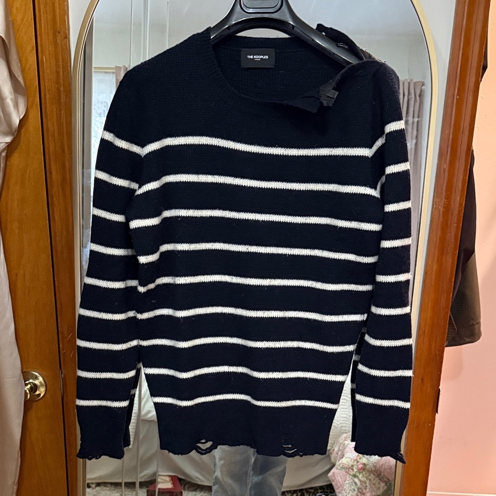 The Kooples Navy and White Striped Crewneck Sweater